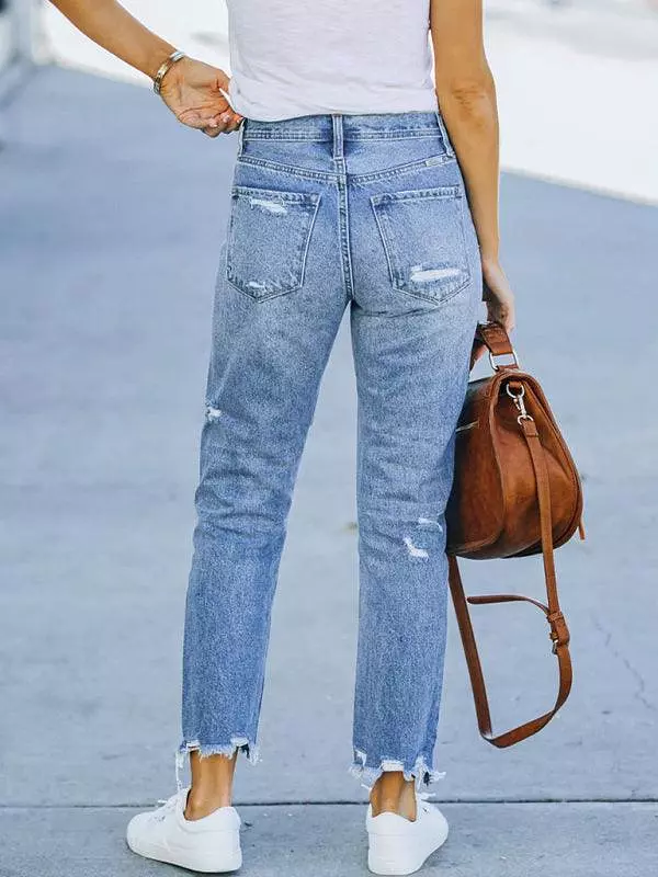 Women Ripped Straight Leg Jeans