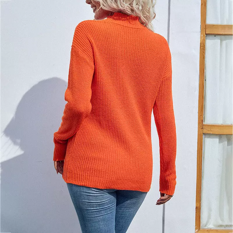 Women Sweaters Kniting High Collar Pullover Plain Off Shoulder