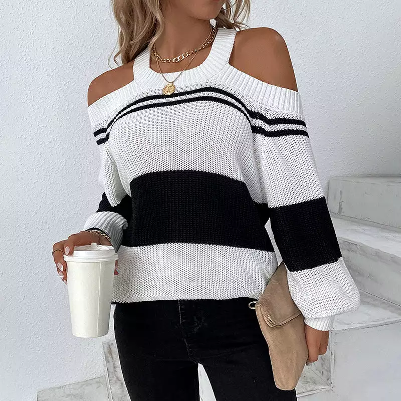 Women Sweaters Kniting Round Collar Pullover Bicolor Off Shoulder Strip