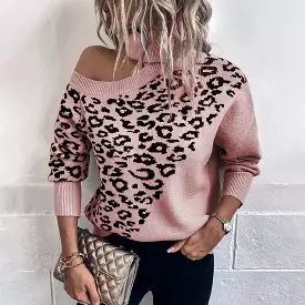 Women Sweaters Kniting Round Collar Pullover Leopard Off Shoulder