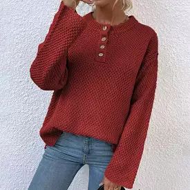 Women Sweaters Kniting Round Collar Pullover Plain Buttons