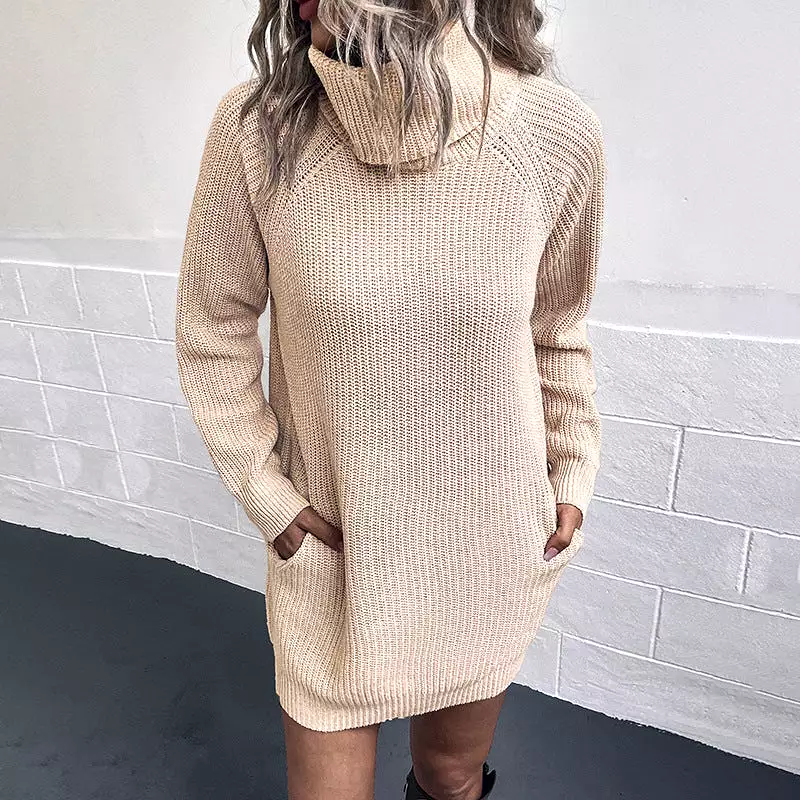 Women Sweaters Kniting Round Collar Pullover Plain High Collar Pockets