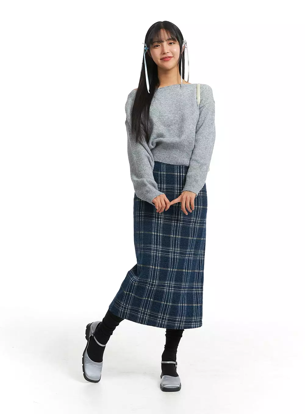 Wool-Like Mid Waist Plaid Maxi Skirt OJ405